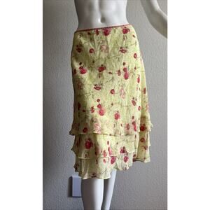 Ann Taylor 100% Silk Yellow Floral Tiered Skirt Size 8 Y2K Cottagecore Velvet
